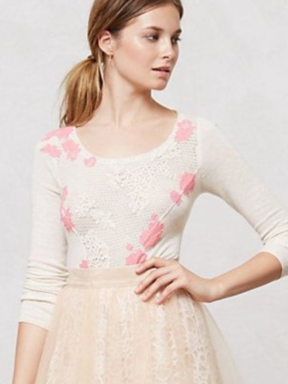 Anthropologie Peony Applique Pullover Ivory Pink Sweater